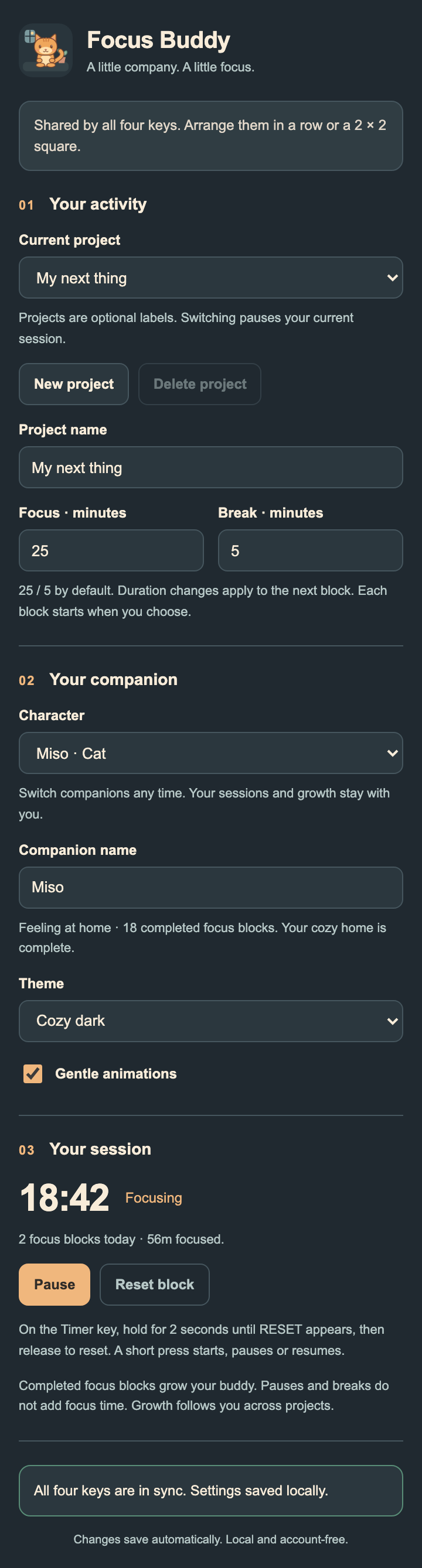 Focus Buddy settings with project, character picker, companion name, theme and session controls