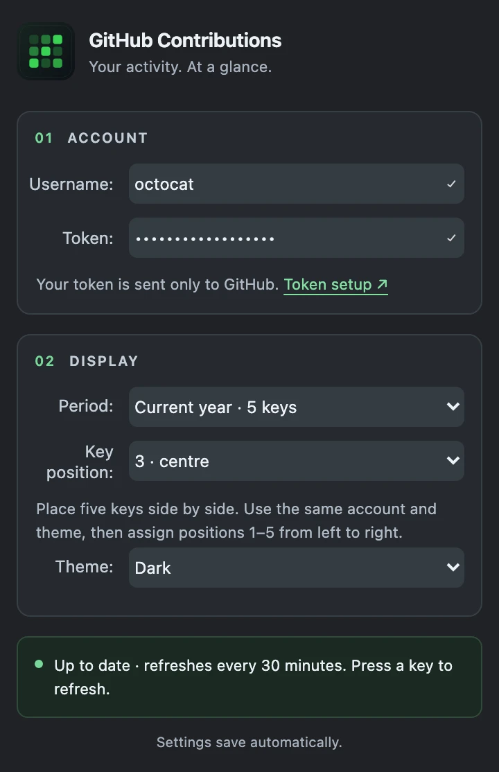 The settings panel with username, token, period, key position, theme and connection status