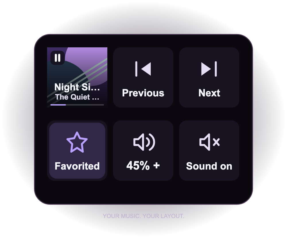 A Music Control layout with song artwork, playback, volume and favorite keys.