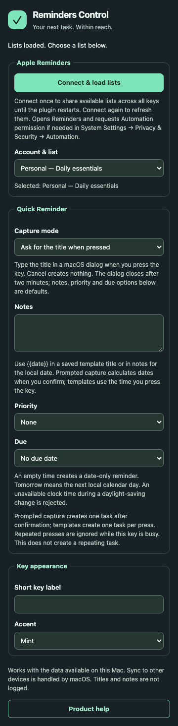 Quick Reminder settings with account, list, capture mode and appearance controls.