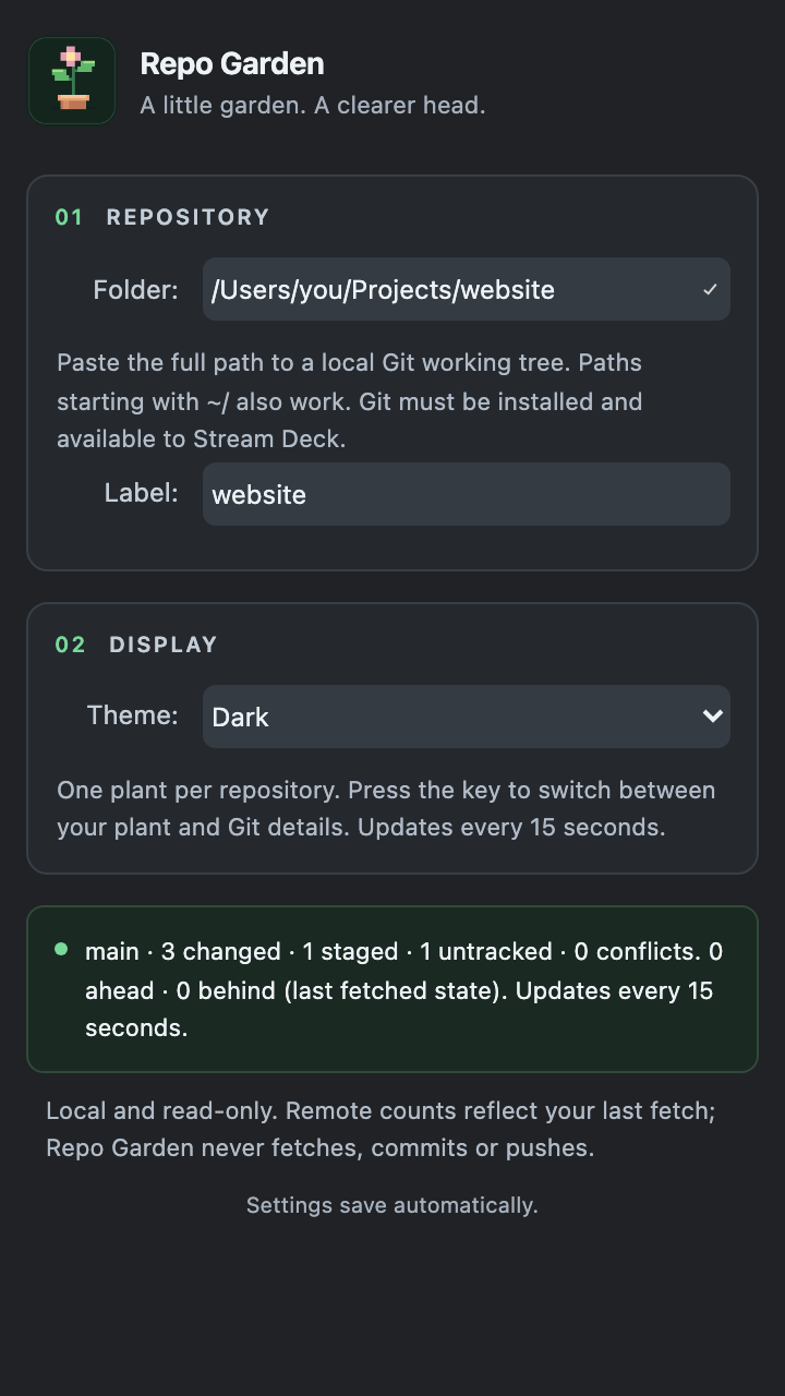 Repo Garden settings with a local repository folder, label, theme and status.