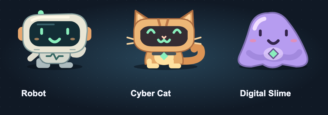 Robot with an ivory shell, amber Cyber Cat with a digital visor, and lavender Digital Slime with a glowing core