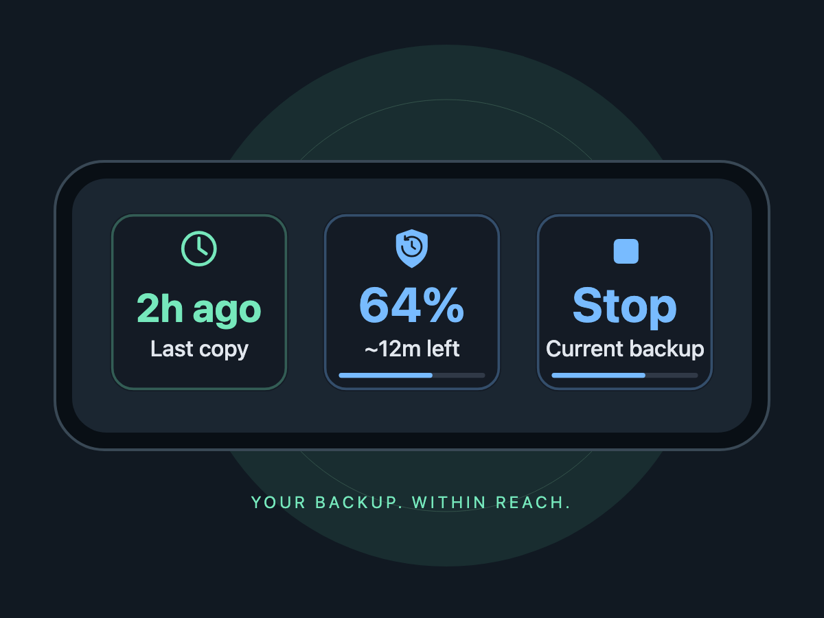Last Backup shows a copy completed two hours ago while Backup Status shows 64 percent and an estimated 12 minutes remaining, alongside Stop Backup.
