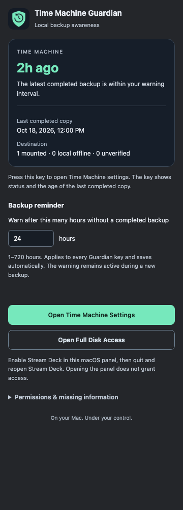 Guardian configuration panel showing the last completed backup and a 24-hour warning interval.